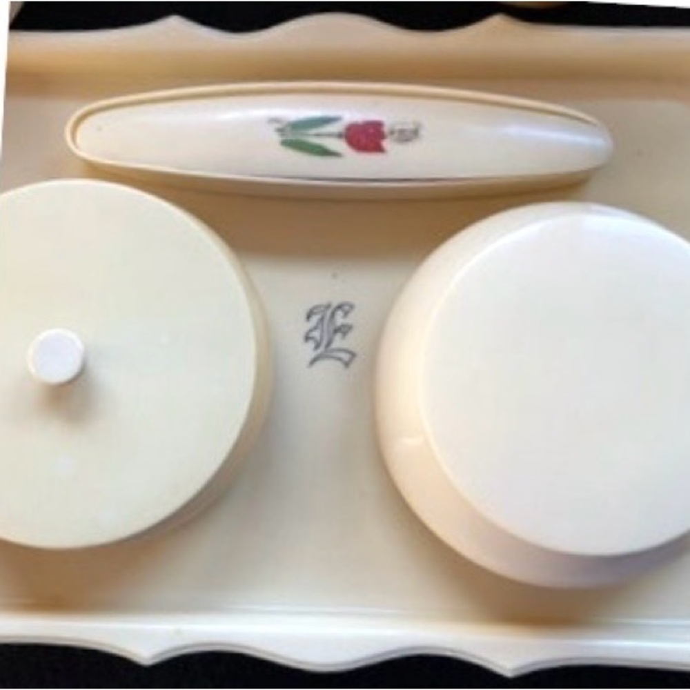 Beautiful Monogrammed Celluloid Vanity Containers on Celluloid Tray - Picture 2 of 8